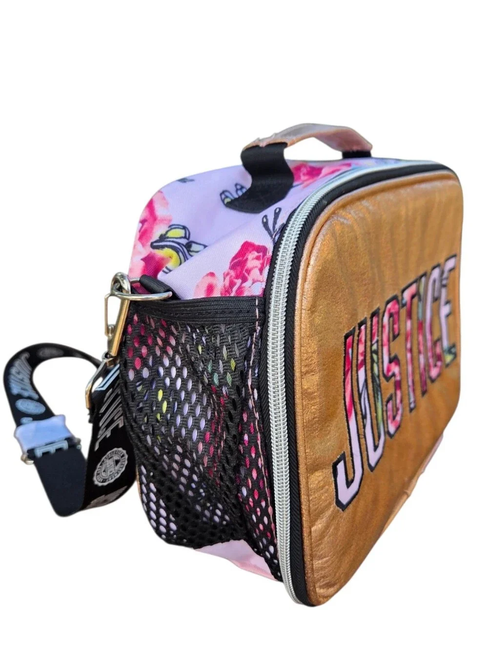 Justice Gold Metallic Shimmery Crossbody Lunch Box Tropic Floral-Patterned Logo
